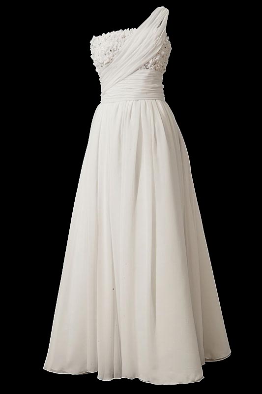 Długa i zwiewna suknia ślubna w literę A a'la greczynka z gorsetem na jedno ramię i halką.