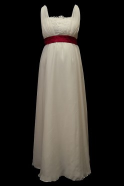 Długa suknia ślubna ciążowa greczynka z koronkowym gorsetem i dekoltem w szpic.