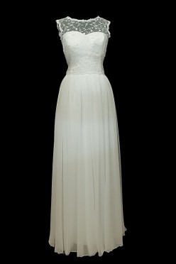 Długa suknia ślubna z plecami z koronki zapinanej na guziki. Sukienka w stylu greckim z dekoltem w serduszko na ramiączkach.